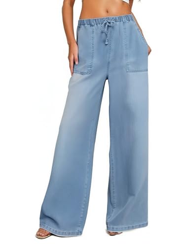 PAOLA RIBONI Women's Drawstring Wide Leg Jeans High Waisted Loose Fit Denim Pants Polyester (US, Alpha, Large, Regular, Regular, Light Blue)