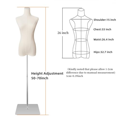 EaseHome Dress Form Mannequin Body, 50”-70”Adjustable Height Female Beige Linen Fabric Manikin Torso with Detachable Gold Metal Bracket and Rectangular Base Clothing Forms