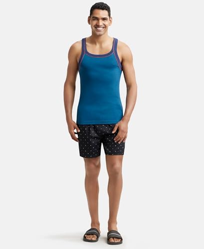 Image of Jockey US54 Men's Super Combed Cotton Rib Square Neckline Gym Vest with Back Panel Graphic Print (Shoulder Starp Color May Vary)