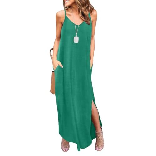 HUSKARY Women's Summer Casual Sleeveless V Neck Strappy Split Loose Dress Beach Cover Up Long Cami Maxi Dresses with Pocket Large Lake