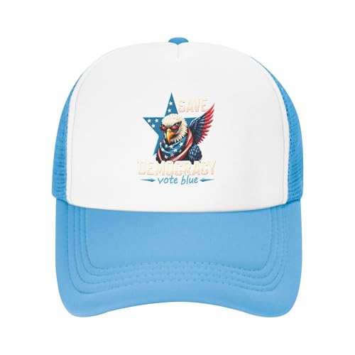 Save Democracy Vote Blue Trucker Hat American Patriotic Baseball Cap Mesh Back Adjustable Hats for Kids - Sky Blue