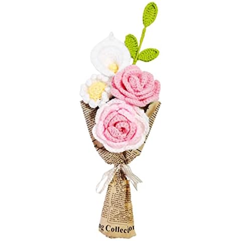DRYFAL Finished Knitting Crochet Flower Bouquet Hand Crochet Bouquet Mixed Handmade DIY Knitted Flower Rose Sunflower Daisy Artificial Flower for Vase Home Decoration Gift Cover