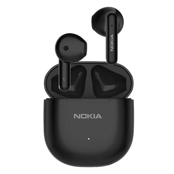Nokia Essential E3103 Wireless Earbuds in black, shown inside their open charging case.