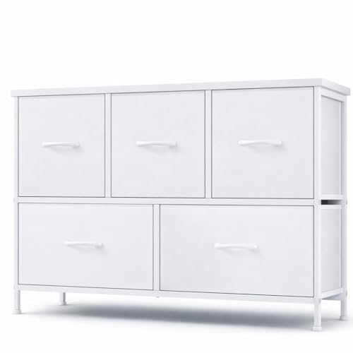 DUMOS Kommode mit Schubladen - Kommoden & Sideboards für Schlafzimmer Geeignet, Komodenschrank mit 5 Schubladen, Stoffkommode mit Stabilem Stahlrahmen, Ideal für Schlafzimmer, Wohnzimmer (Weiß)