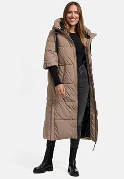 Navahoo Lange winterjas voor dames, warme gewatteerde jas met capuchon en geribde mouwen, Ciao Miau XIV, XS-3XL, Taupe grijs, XL