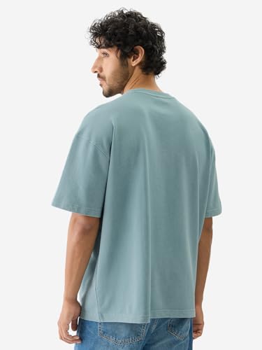 Image of The Souled Store Here We Go Again Men and Boys Short Sleeve Round Neck Green Graphic Printed Cotton Oversized T-Shirts