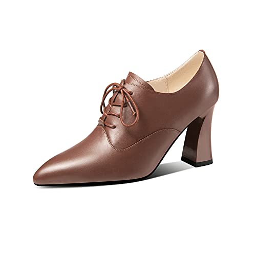 TinaCus Women's Genuine Leather Handmade Pointed Toe High Chunky Heel Lace Up Stylish Oxford Pumps