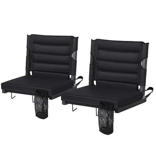LOENIY 2 Pack Stadium Seats for Bleachers with Back Support, Bleacher Seats with Backs and Extra Thick Padded Cushion, Includes Shoulder Straps Carry Handle, and Cup Holder Side Pockets (Black)
