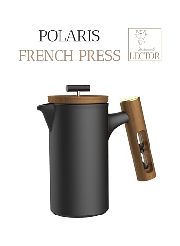 Image of Lector Polaris French Press Coffee Maker I 600ML, Ceramic Manual Coffee & Tea Brewer with Natural Wooden Handle & Lid | Strong Build, Superior Filtration, Innovative 4 Minute Hour Glass Timer (BLACK).