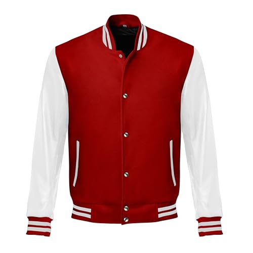 Image of Red And Black Letterman Jacket Men - Mens Black Varsity Letterman High School Baseball Bomber Jacket