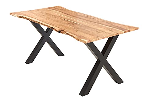 SAM Esstisch 160x85 cm Burgos, Akazienholz massiv + naturfarben + lackiert, echte Baumkante, Baumkantentisch mit X-Gestell aus Metall schwarz, Tischplatte 26 mm SAM Esstisch 160x85 cm Burgos, Akazienholz massiv + naturfarben + lackiert, echte Baumkante, Baumkantentisch mit X-Gestell aus Metall schwarz, Tischplatte 26 mm
