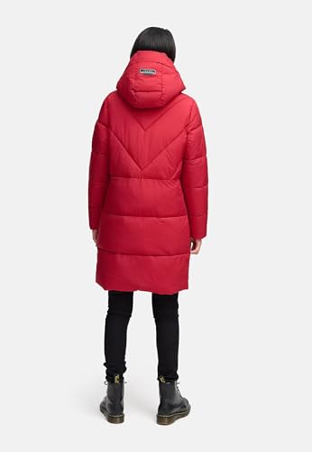 Navahoo Damen Langer Wintermantel warmer Steppmantel mit großer Kapuze und Fleece-gefütterten Kragen Kältekuschel XIV Dark Red Gr. S
