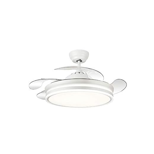 TODOLAMPARA - Ventilador de techo con luz LED 36W motor DC modelo BAYOMO Blanco, 3 tonalidades, aspas retráctiles, 6 velocidades, control remoto, memoria, temporizador, silencioso y bajo consumo