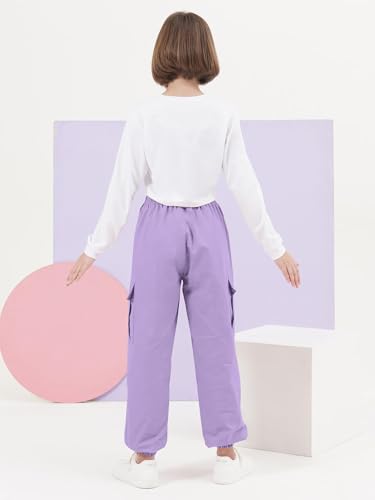 Image of SANGTREE Girls' Clothing Sets Crop Top & Cargo Jogger Pants 2 Piece Outfit, White +Purple, 11-12Y = Tag 160