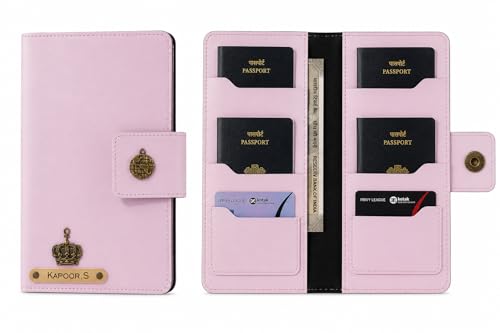 Image of AICA Personalized Name & Charm Leather Family Passport Cover for 4 with (Purple) Passport Wallet Boarding Pass Currency Card Slot & Coin Holder for Men & Women | Family Passport Cover