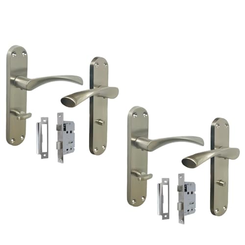 Epsom Door Handle Satin Nickel Twist Door Handle Set Interior Latch Lever on Long Backplate in 1 or 2 Pairs Optional Sash Lock (2 Pair of Bathroom Handles Bathroom SASH Lock)