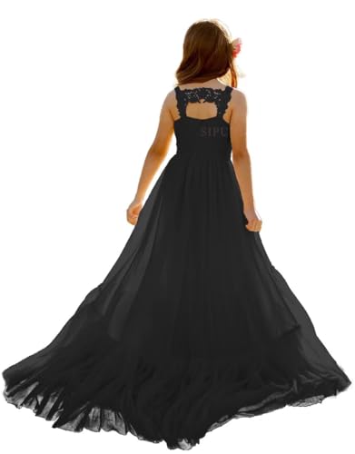 SIPUHK Boho Flower Girl Dresses for Wedding Lace Princess Pageant Dress with Train Chiffon Frist Communion Dresses for Teens