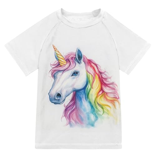 CaTaKu Rainbow Unicorn Head Boys Rash Guard Swim Shirts Toddler Quick Dry UPF 50+ Rashguard Short Sleeve 3-12T