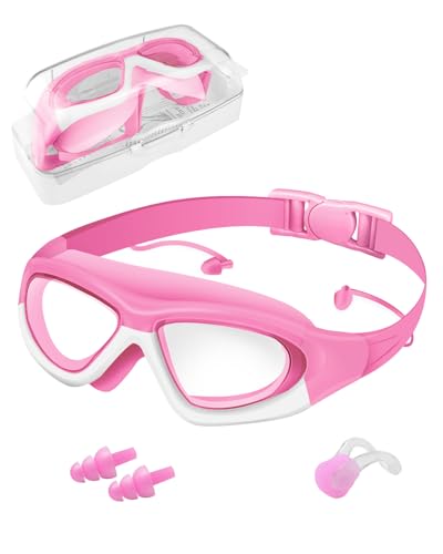 Hingue Lunettes de Natation pour Enfants avec Protections Nez et Oreilles, Verres Larges Anti-Buée et UV, Ajustement Confortable pour Filles et Garçons,Rose