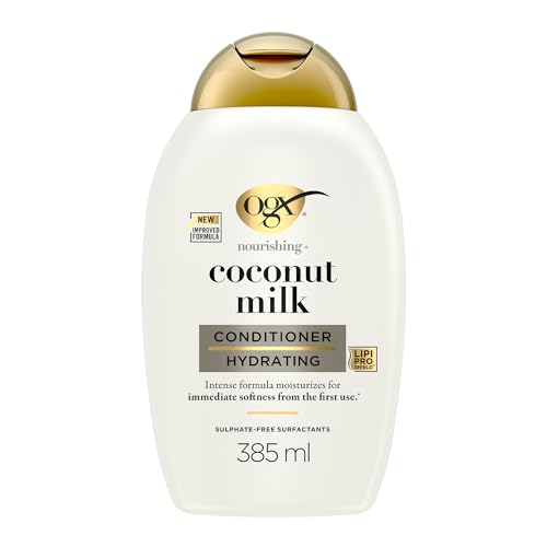 OGX Nourishing + Coconut Milk Conditioner (385 ml), acondicionador hidratante con leche y aceite de coco y proteína de leche hidrolizada, sin sulfatos, para cabello seco