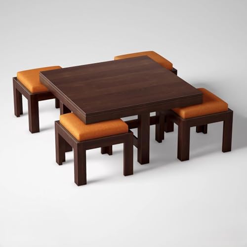 Image of Furniture Solid Sheesham Wood Coffee Table with 4 Stool | Square Centre Table with Stool | Center Table with 4 Stools for Living Room | Espresso Finish
