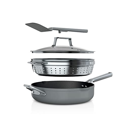 Comparison: Best Ninja Neverstick Possible Pan 2 Ninja Foodi NeverStick 4 Quart Pan with Lid, Strainer, & Spatula, Oven Safe, Sea Salt Grey