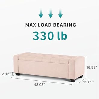 48" Ottoman with Storage, Pink Storage Ottoman Bench with Safety Hinge, Upholstered Entryway Bench with Seating for Bedroom, Living Room, Holds up to 330 lb