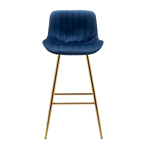 Image of Sidanli Velvet Blue Bar Stools, 29 Inch Upholstered Island Stools with Footrests, Gold Bar Chairs for Home, Kitchen Island, Dining Room