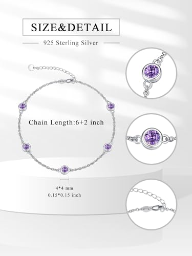 Image of Dorunmo Heart Birthstone Bracelets 925 Sterling Silver Round Birthstone Anklet for Women Birthday Jewelry Gifts for Girlfriend Wife Mother Her