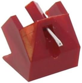 Close-up view of the red Pfanstiehl 740-D7 diamond needle stylus, showing its plastic body and the exposed diamond tip.