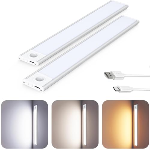 Under Cabinet Light 2 Pack, LED Wireless Rechargeable Motion Sensor Cupboard Light Bar, 3 Colours Dimmable Strip Night Light for Kitchen Wardrobe Cupboard, Silver, 20CM