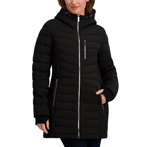 Nautica Women's Stretch Puffer Jacket – Midweight Winter Coat with Detachable Hood, Storm Cuffs, Black, Medium