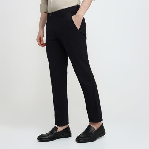 Image of Raymond Men Slim Fit Solid Pattern Cotton Elastane Blend Flat Front Casual Trouser