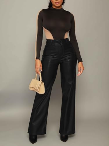 Zebaexf Women\'s Faux Leather Pants Straight Wide Leg Leather Pants Matte Black S