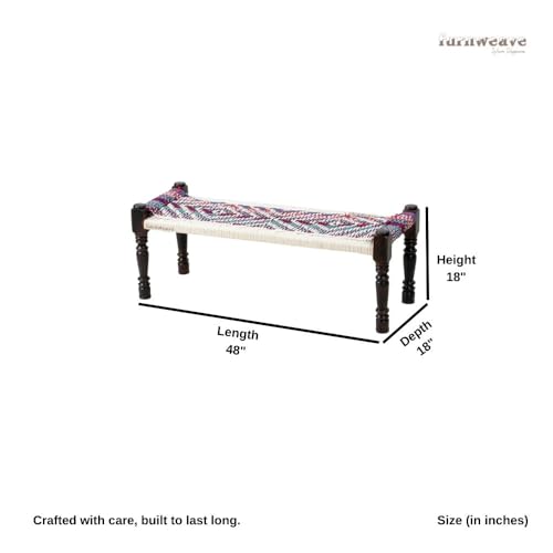 Image of Wooden Bench for Seating | Handcrafted Sheesham Wood Bench for Living Room, Balcony & Garden | Traditional Patio for Outdoor with Cotton Handwoven Rope | White and Multicolor