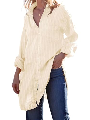 Image of Runcati Womens Button Down Shirts Linen Cotton Long Sleeve Blouse Tunic Tops Cover Up Shirt Loose Beach Bikini Dress