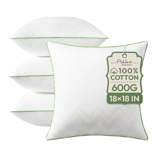 Ashler Home Deco 18x18 Pillows Insert (Set of 4) - Throw Pillow Inserts with 100% Cotton Cover - 18 Inch Square Interior Sofa Stuffer Pillow Inserts -Decorative White Couch Pillow