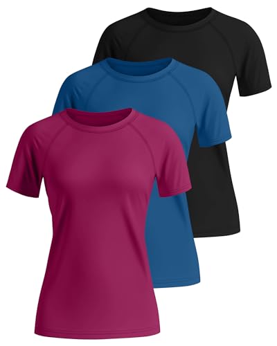 Huukeay 3 Pack Women's Swim Shirt Short Sleeve Rash Guard Quick Dry Crewneck Swimsuit Summer UV Sun Protection Tops UPF 50+2