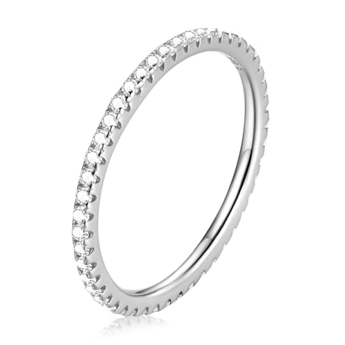 WOSTU 925 Sterling Silver Ring Eternity Cubic Zirconia Stackable Band Ring Tarnish Resistant Wedding Band for Women Men Multi Colors Statement Ring Comfort Fit Ring Gifts for 1.5mm Ring Size 9 Silver