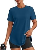 PINSPARK T Shirt Damen Sport Top Gym Oberteil Yoga Rundhals Kurzarm Laufshirts Funktionsshirts Tennis Golf Dunkelblau L