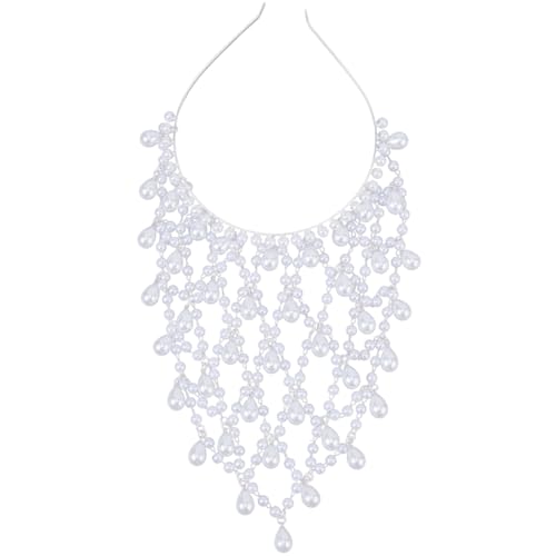 CABODYALS Platinum Imitation White Pearls Tassel Head Band Vintage Bohemian Mesh Silver Plastic Pearl Beaded Fringe Chain Flapper Charm Headpiece for Women Wedding Hair Chains Valentines Day Gifts