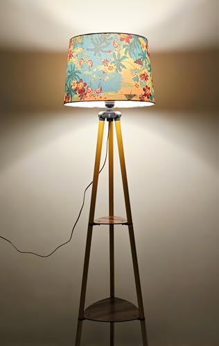 Image of Modern Tripod Floor Lamp with Storage Shelves, Floral Lampshade, Brass Finish, Wood Base, for Living Room, Bedroom