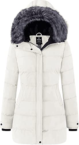 Image of Wantdo Women's Winter Puffer Coat Hooded Quilted Long Parka Beige XL | Waterproof, Windproof, Adjustable drawstring, 2-way SBS zipper, Inner pockets, Removable faux fur hood, Outdoor, Travel
