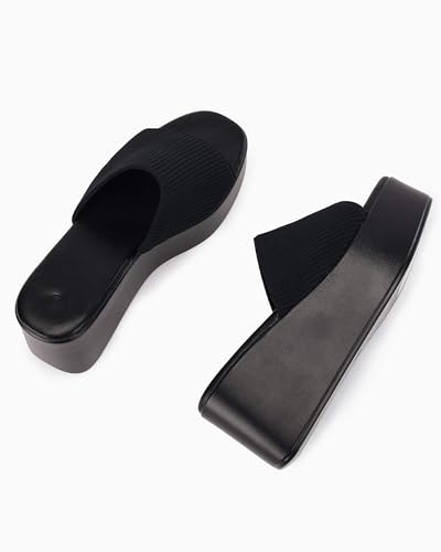 Image of Coutgo Womens Platform Slides Sandals Square Open Toe Slip On Elastic Band Casual Lightweight Wedge Shoes