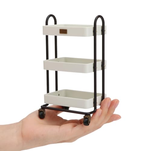 Dollhouse Miniature Handcart Rolling Cart 3 Layers Storage with Wheels for Mini House Kitchen Furniture Restaurant Trolley Dining Cart Shelf Accessories Garden Decoration (Beige)