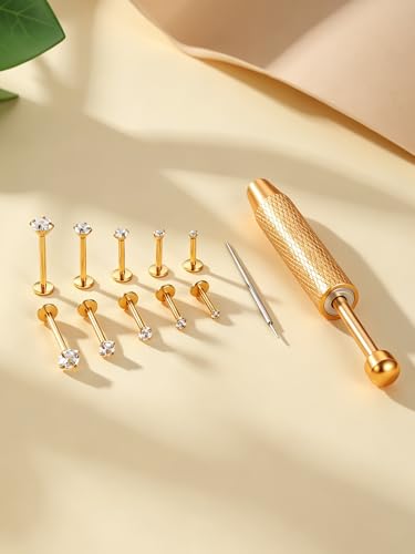 Image of Oveta Threadless Nose Stud Stainless Steel 20G 18G 16G Threadless Flat Back Tragus Earrings Labret Medusa Monroe Ashely Lip Piercing Jewerly Gold