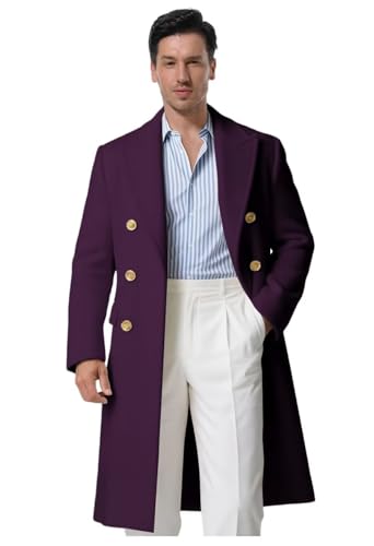 Image of LEWIJO Purple Mens Overcoat Slim Fit Wool Blend Peak Lapel Overcoat for Men Casual Double Breasted Winter Long Coat Size 34