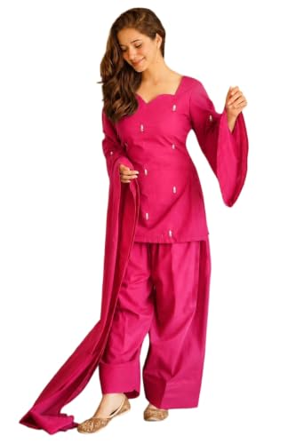 Image of ANNI Designer Women's Cotton Blend Embroidered Straight Kurta with Farshi Salwar and Dupatta | Ethnic Kurta Set for Women Stylish Indian Outfit Designer Suit Set Ethnic Clothing Collection