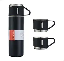Kit Garrafa Térmica Inox 500ml com 3 Xícaras Portátil Ideal para Camping Viagem e Uso Diário (Preto)