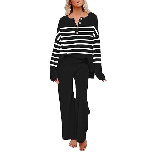 Pink Queen Women's 2 Piece Outfit Set Long Sleeve Button Pullover Sweater Top and Wide Leg Pants Knit Sweatsuit Stripe Black Small